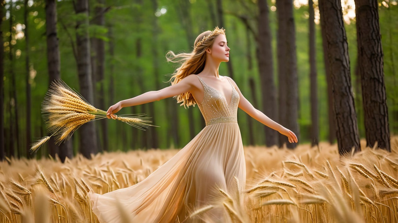Young Woman in Sparkling Gown in Wheat Field