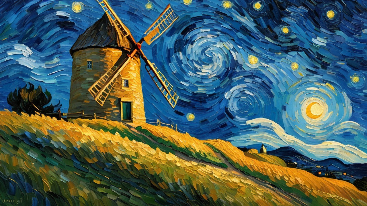 Vibrant Night Sky with Windmill and Golden Fields