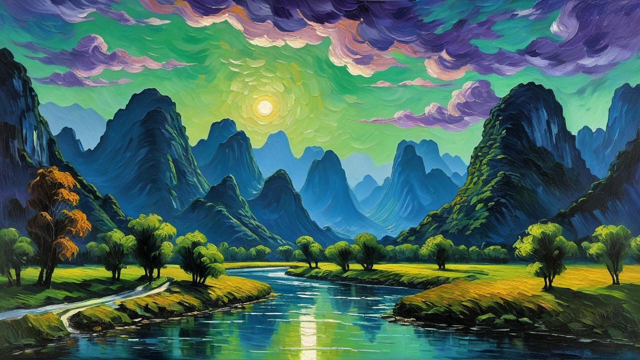 Digital Painting of Serene Landscape with River and Mountains