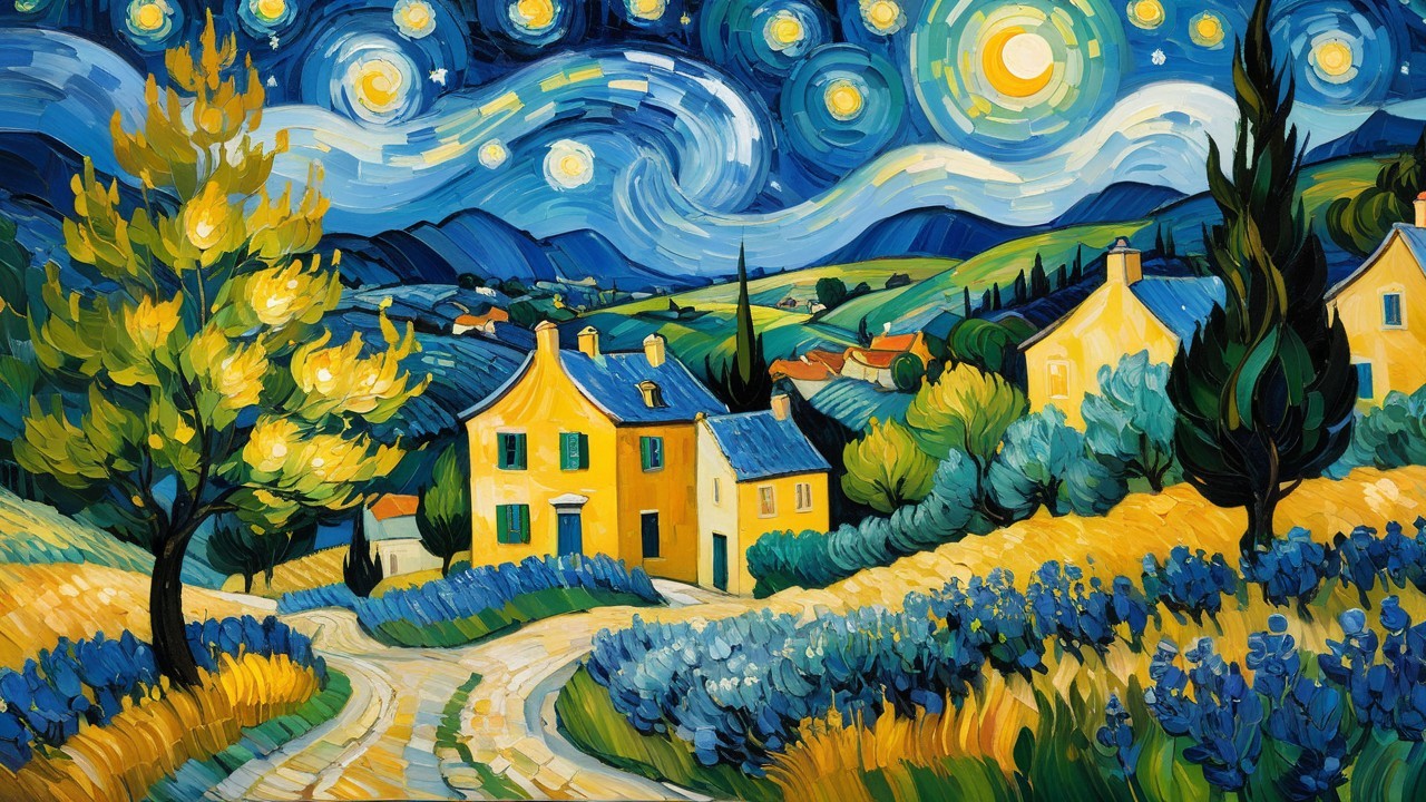 Vibrant Landscape with Rolling Hills and Night Sky