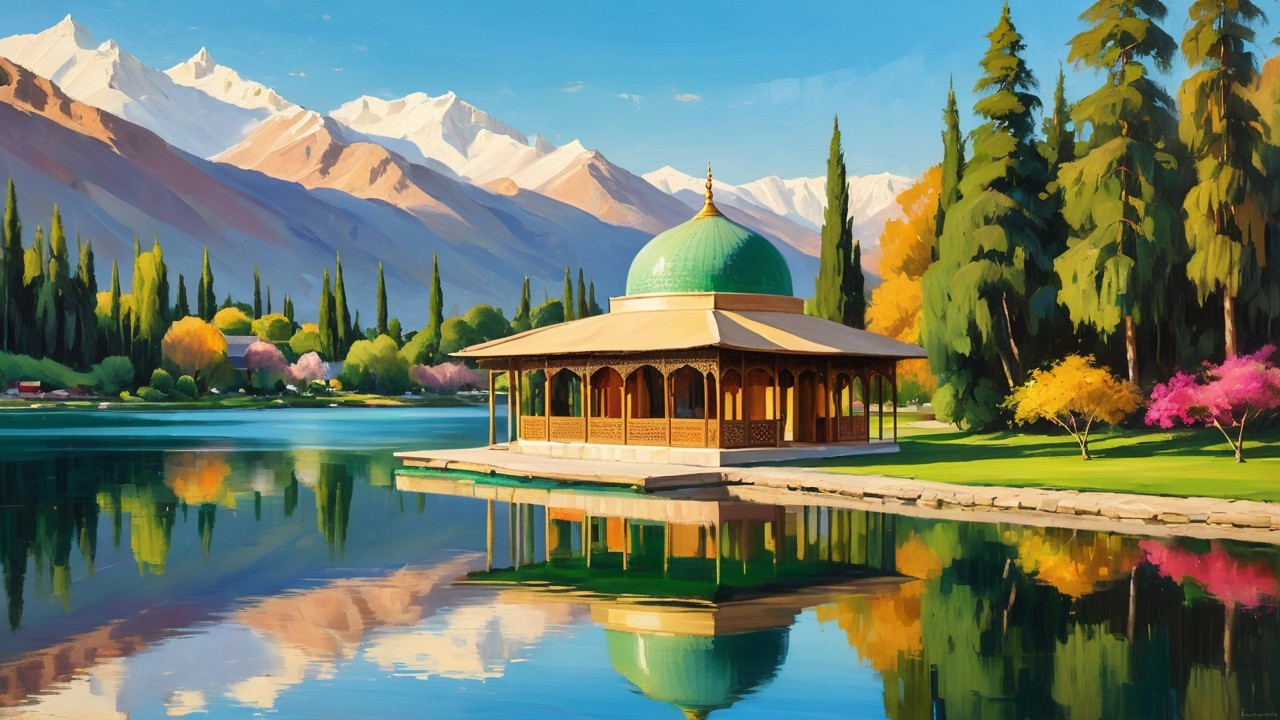 Lakeside Pavilion Surrounded by Mountains and Trees