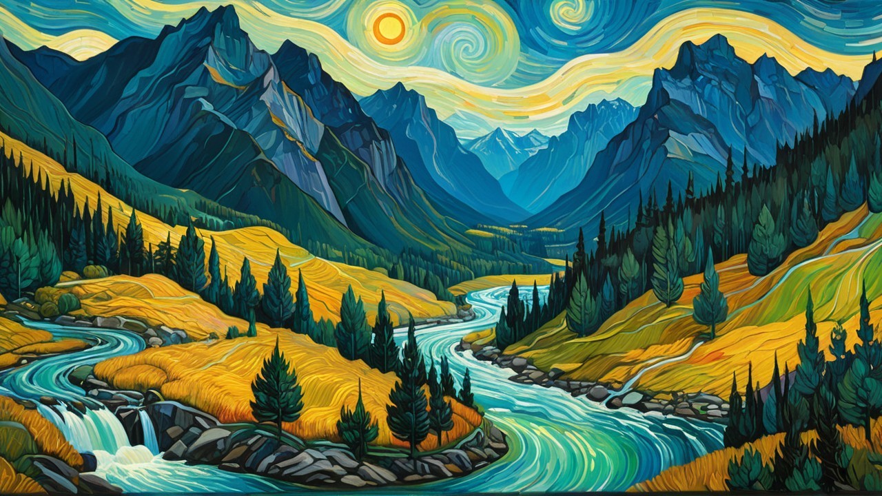 Stylized Landscape with Turquoise River and Mountains
