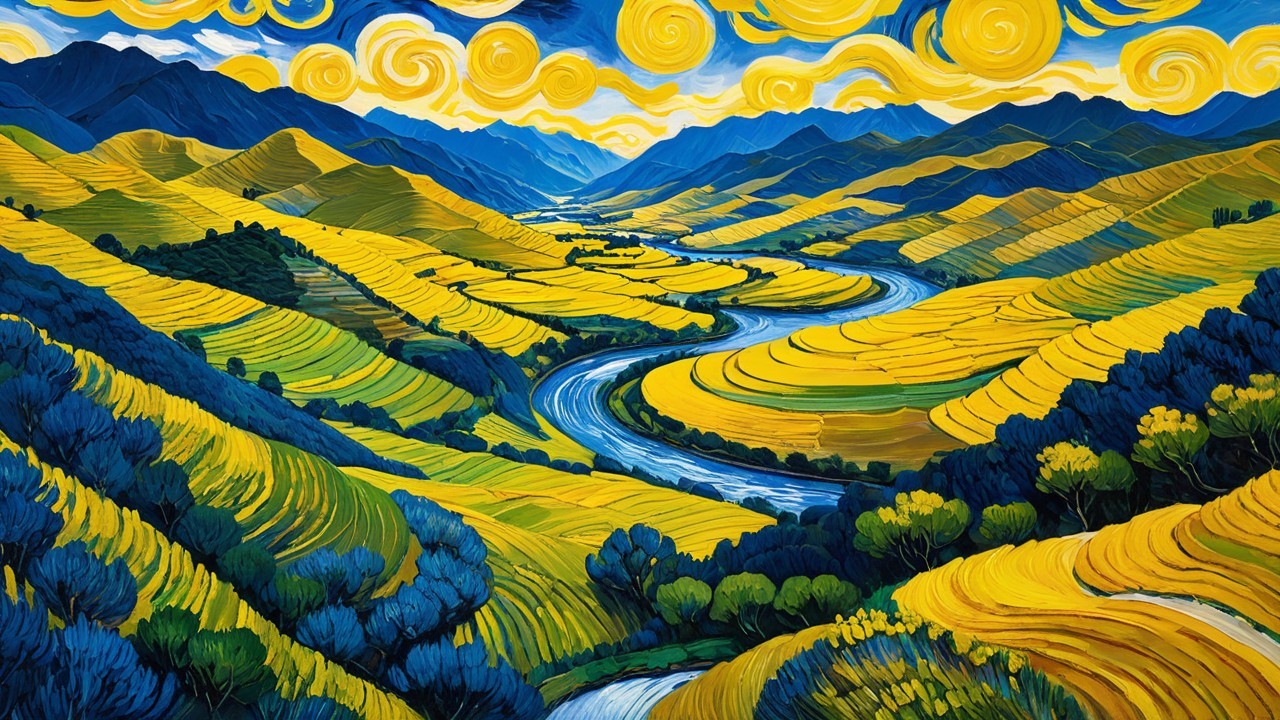 Vibrant Landscape Oil Painting with River and Mountains