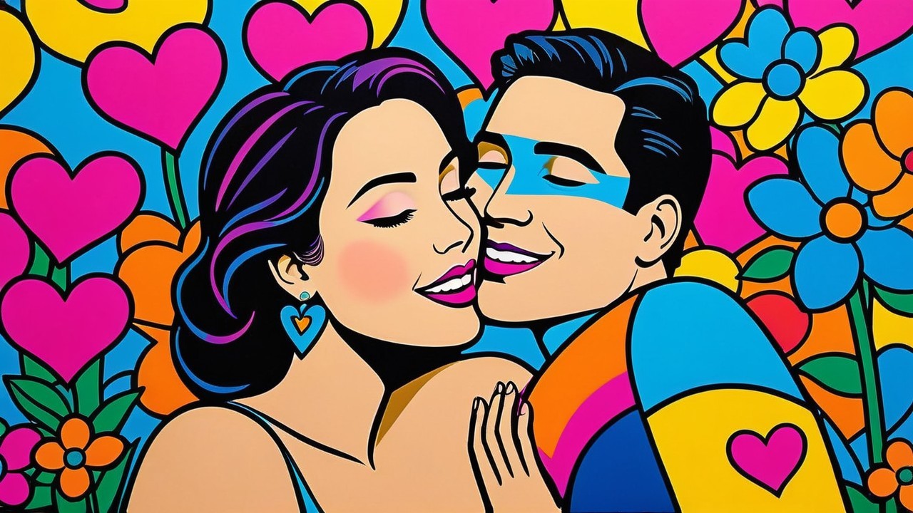 Vibrant Pop-Art Illustration of a Couple Embracing