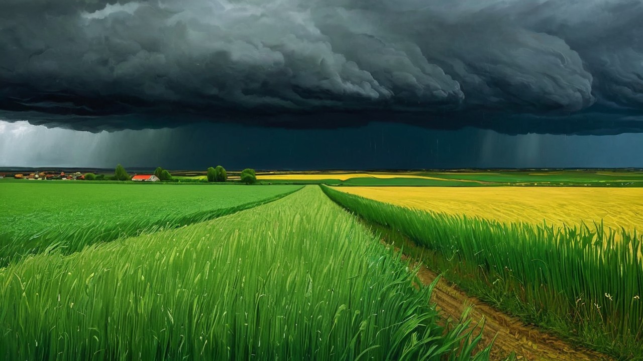Dramatic Landscape with Fields and Ominous Clouds
