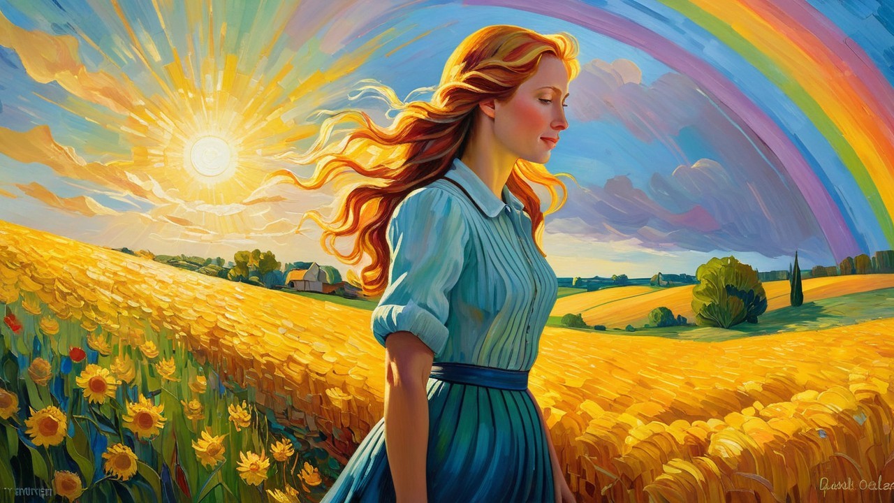 Serene Woman in Sunflower Field Under Rainbow Sky