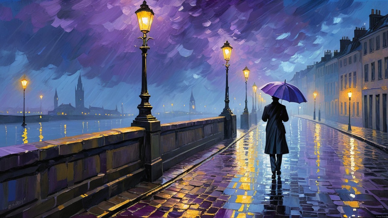 Lone Figure with Purple Umbrella by Tranquil River