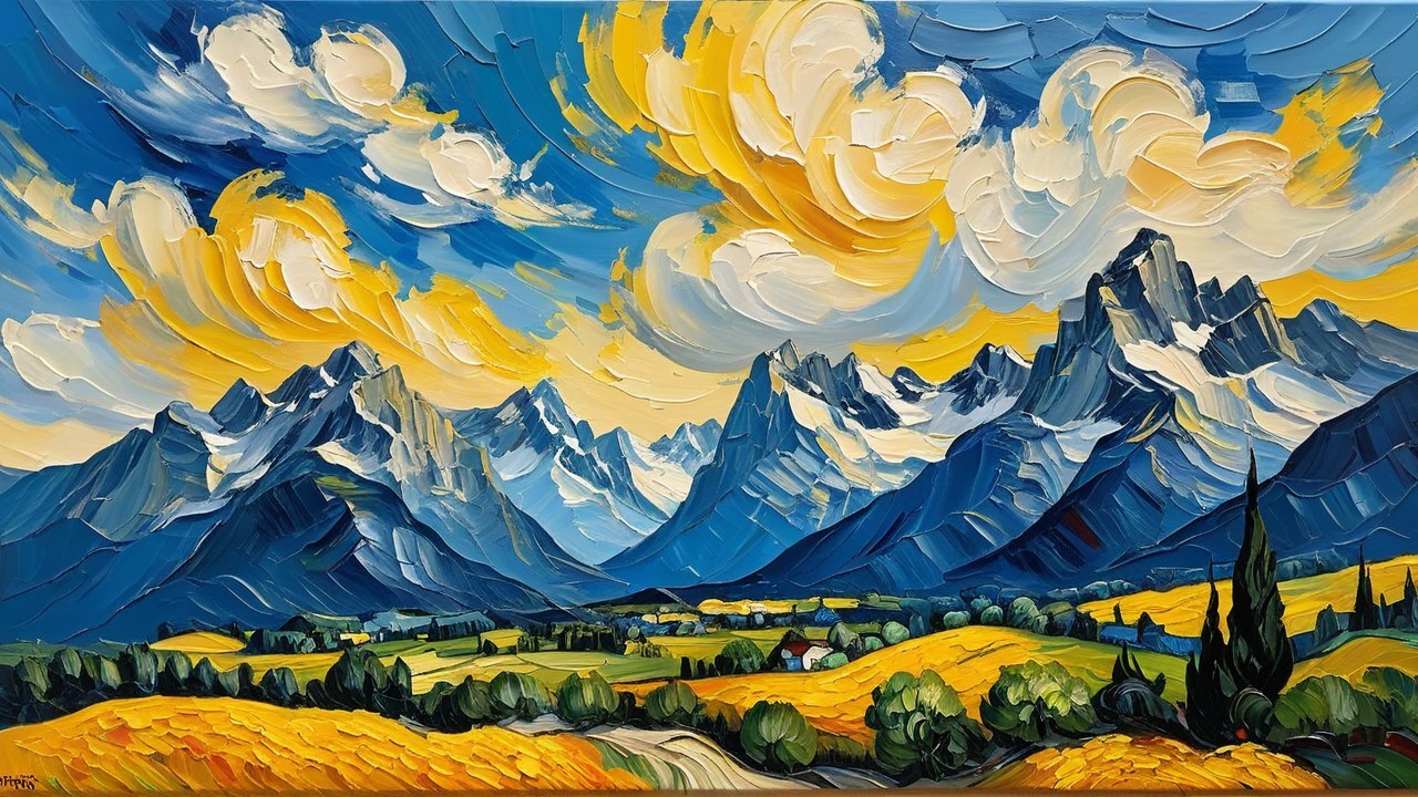 Vibrant Landscape Painting of Majestic Mountains and Sky