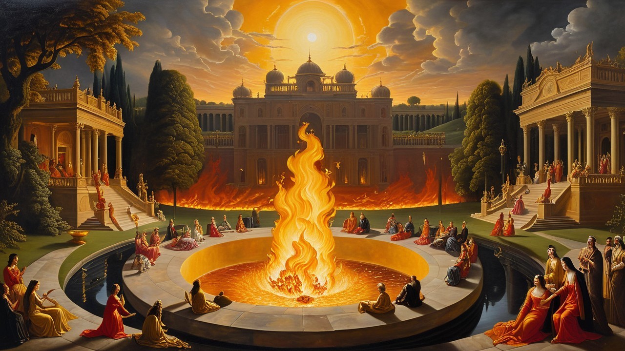 Surreal Garden Scene with Central Flame and Sunset