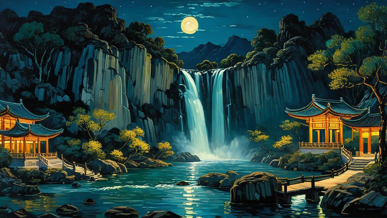 Nature Painting Featuring Waterfall and Moonlight