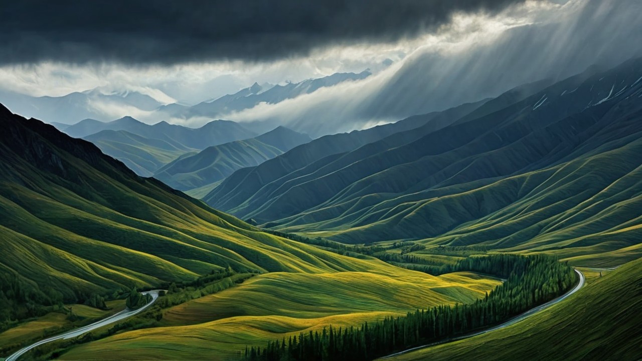 Rolling Green Hills and Winding River Landscape Scene