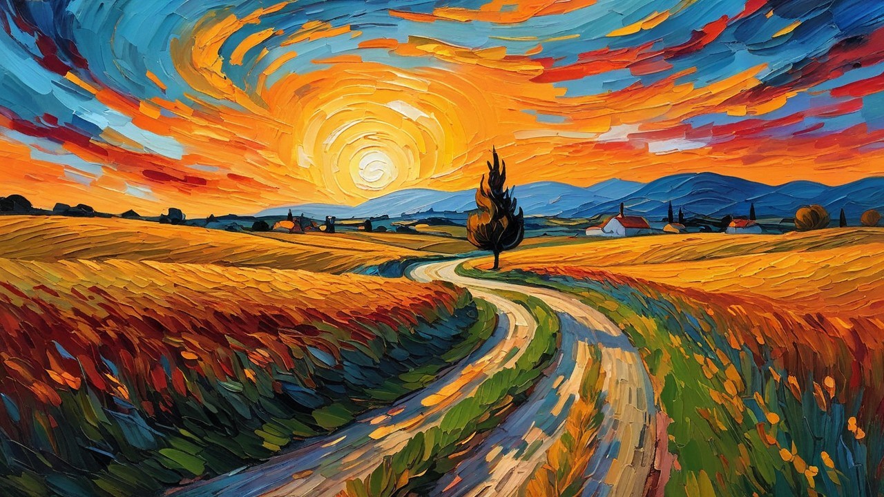 Vibrant Landscape with Sunset and Winding Dirt Road
