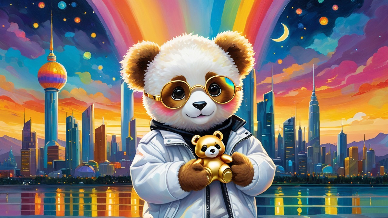 Panda in Sunglasses with Teddy Bear and City Skyline