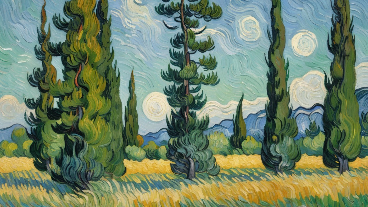 Vibrant Landscape with Cypress Trees and Night Sky