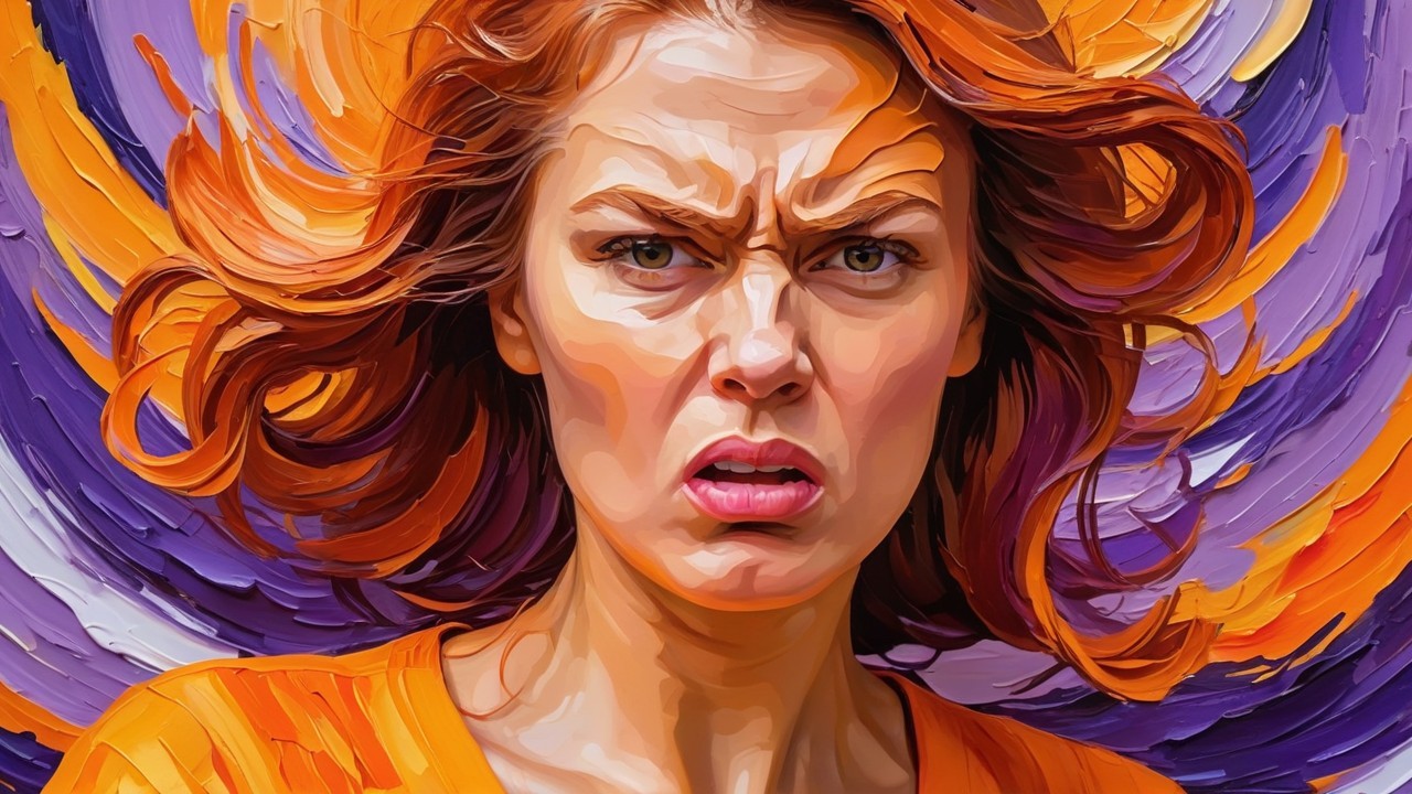 Vivid Artwork of Woman with Orange Hair and Emotion