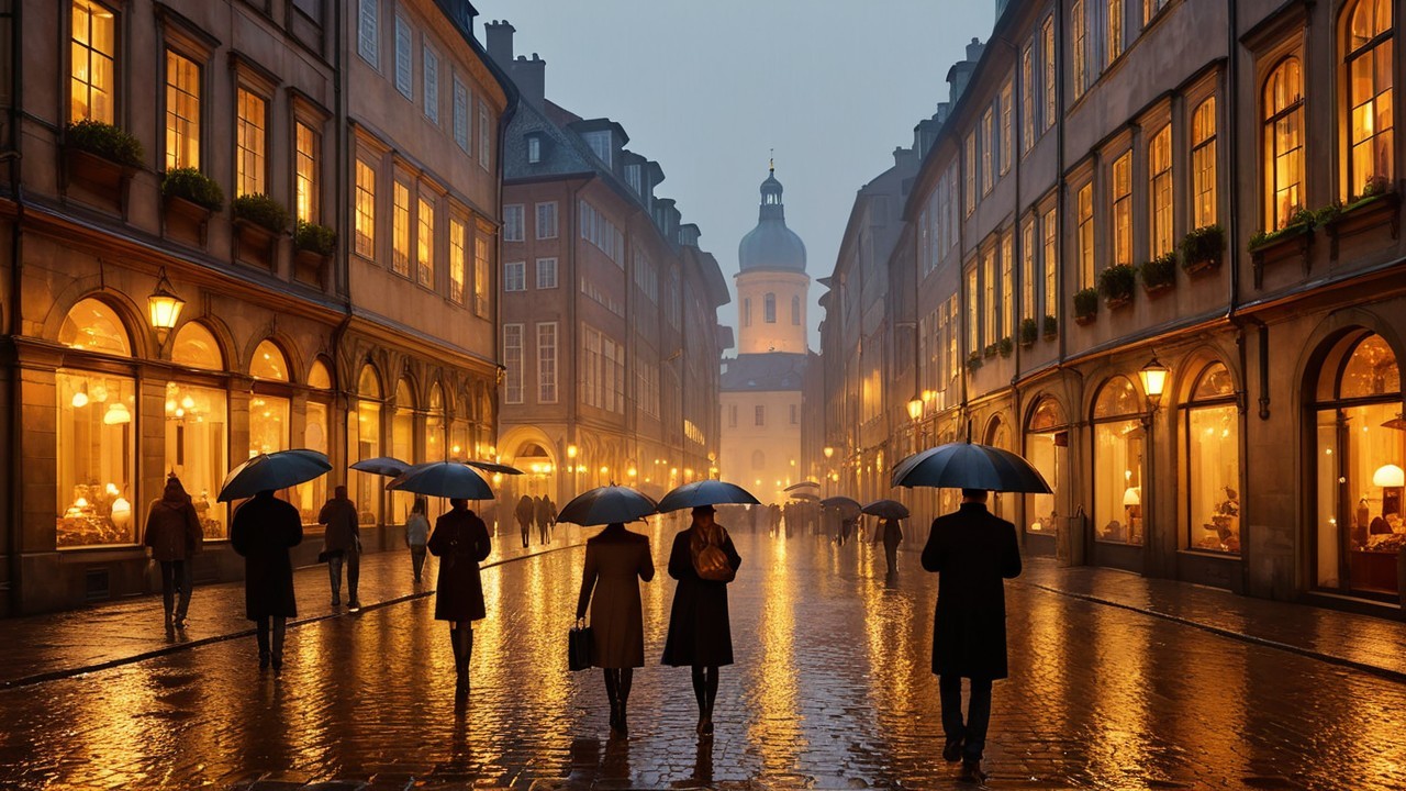 Charming Cobblestone Street in Rainy Evening Scene