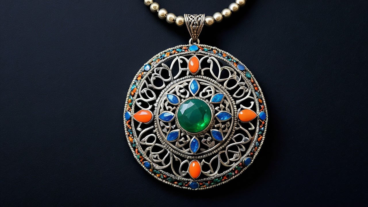 Intricately Designed Silver Pendant with Gemstones