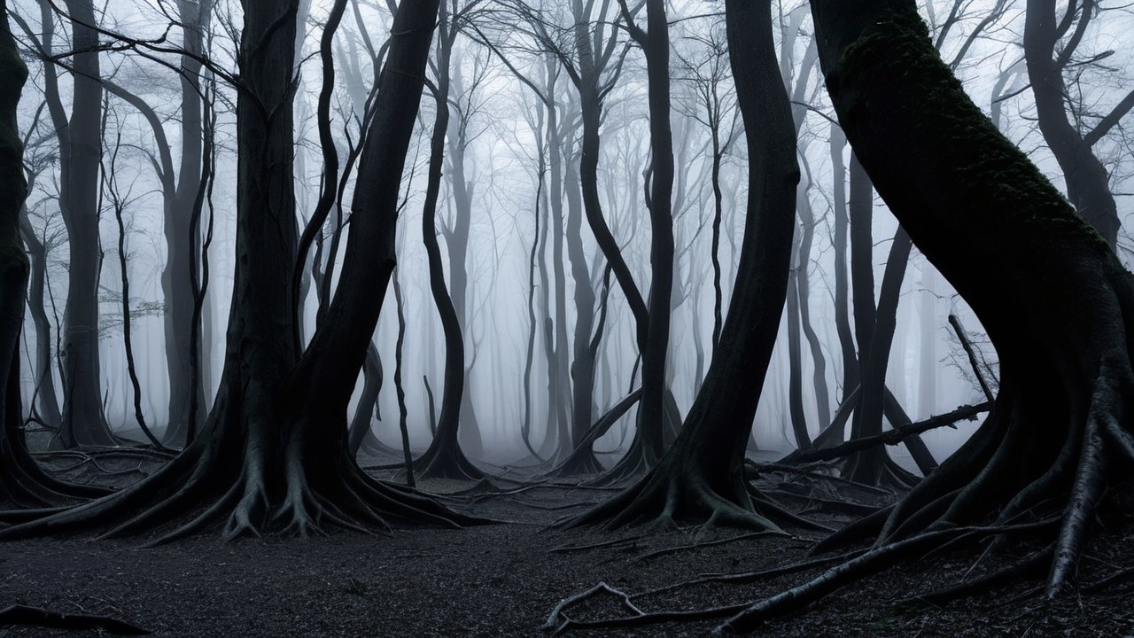 Foggy Forest with Tall Trees and Twisted Roots