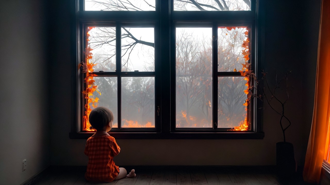 Child Observing Autumn Scene Through Window