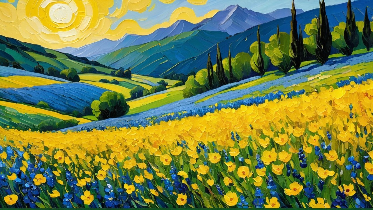 Vibrant Landscape with Rolling Hills and Flowers