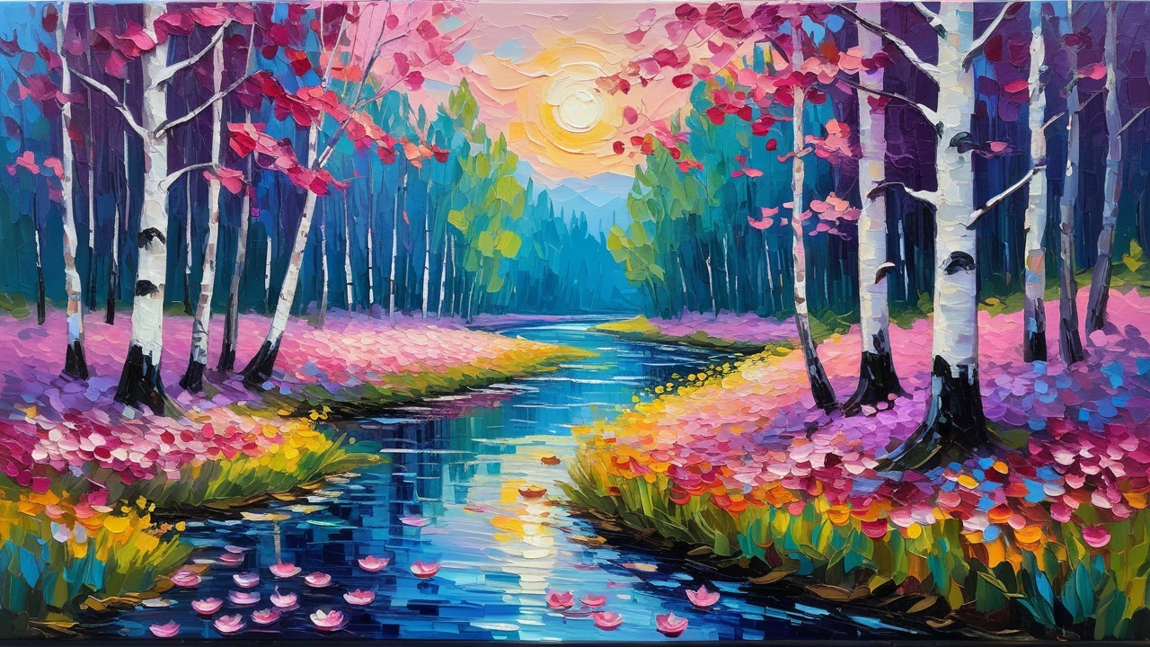 Vibrant Landscape with River and Birch Trees
