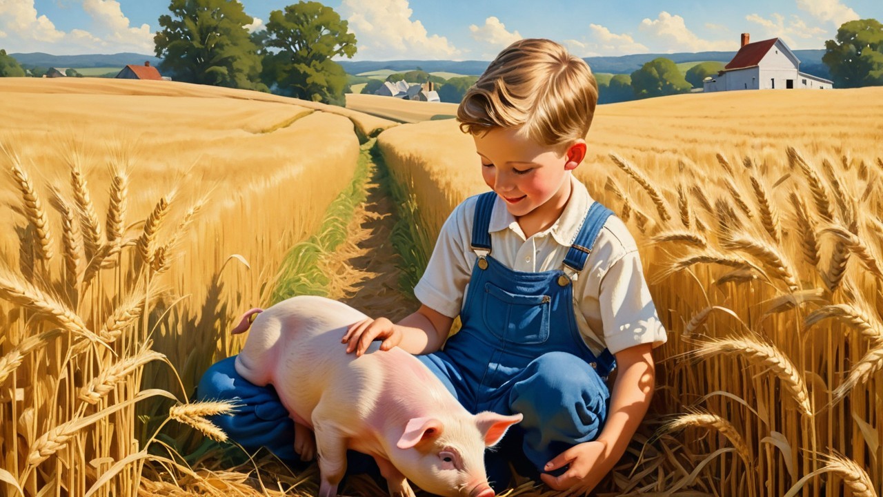 Young Boy in Overalls with Piglet in Wheat Field