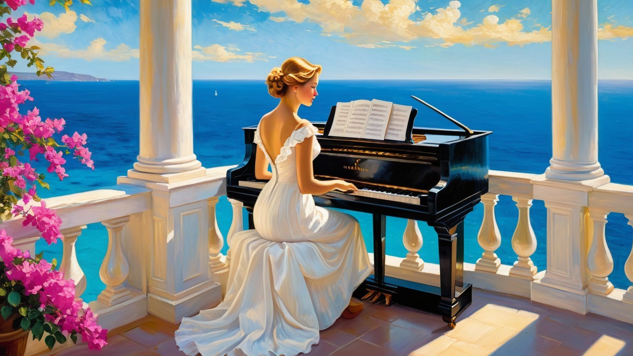Woman in white gown playing piano by tranquil sea