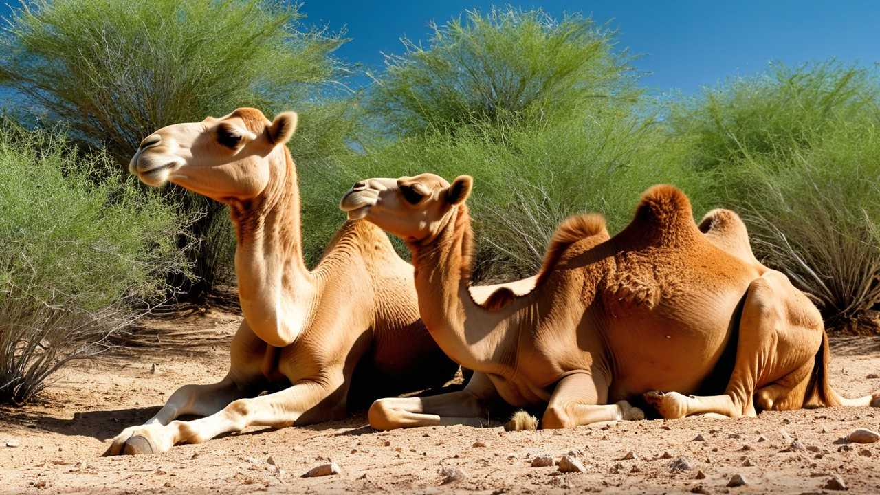 Camels Resting in Serene Desert Landscape with Shrubs