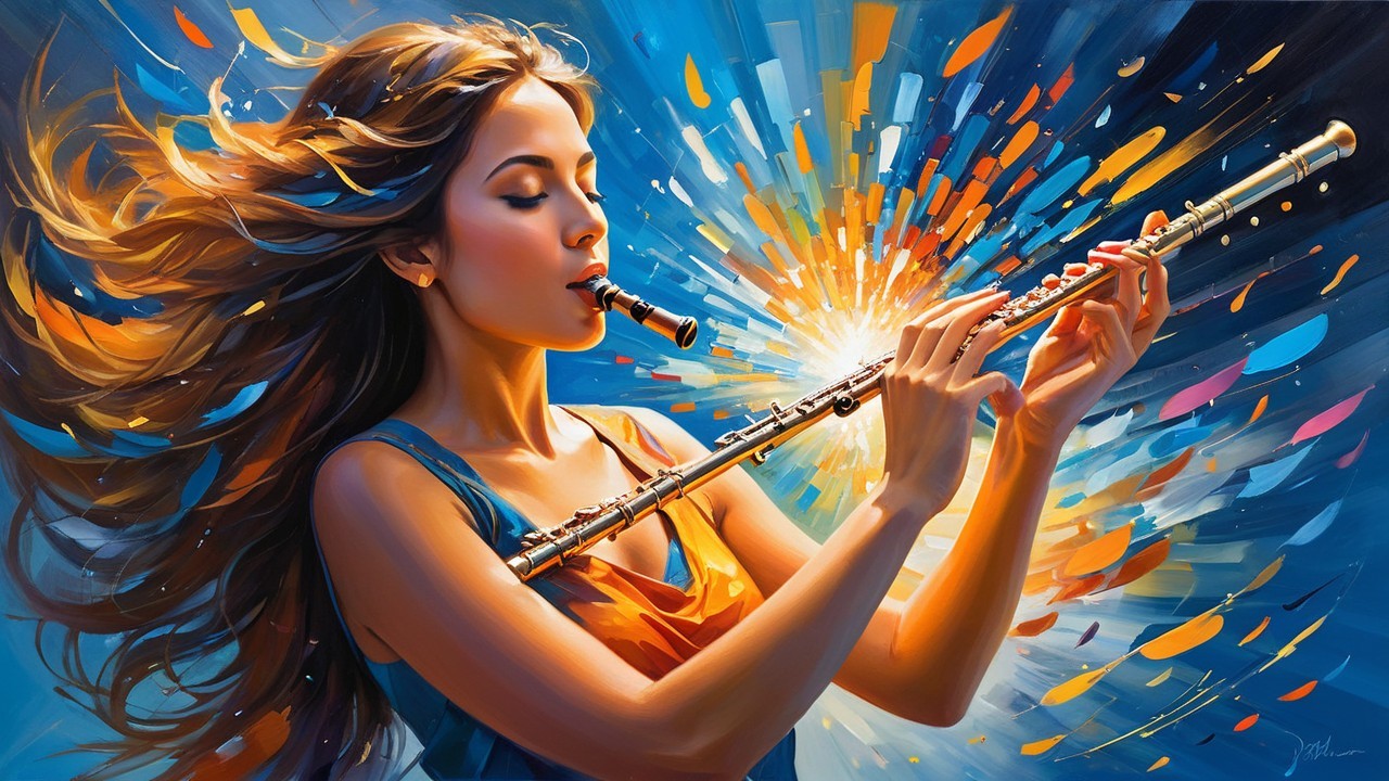 Vibrant Painting of a Woman Playing a Flute