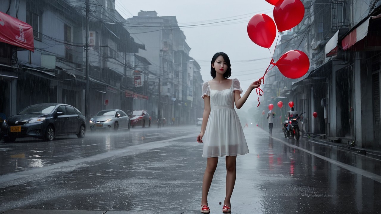 Young woman in white dress with red balloons in rain