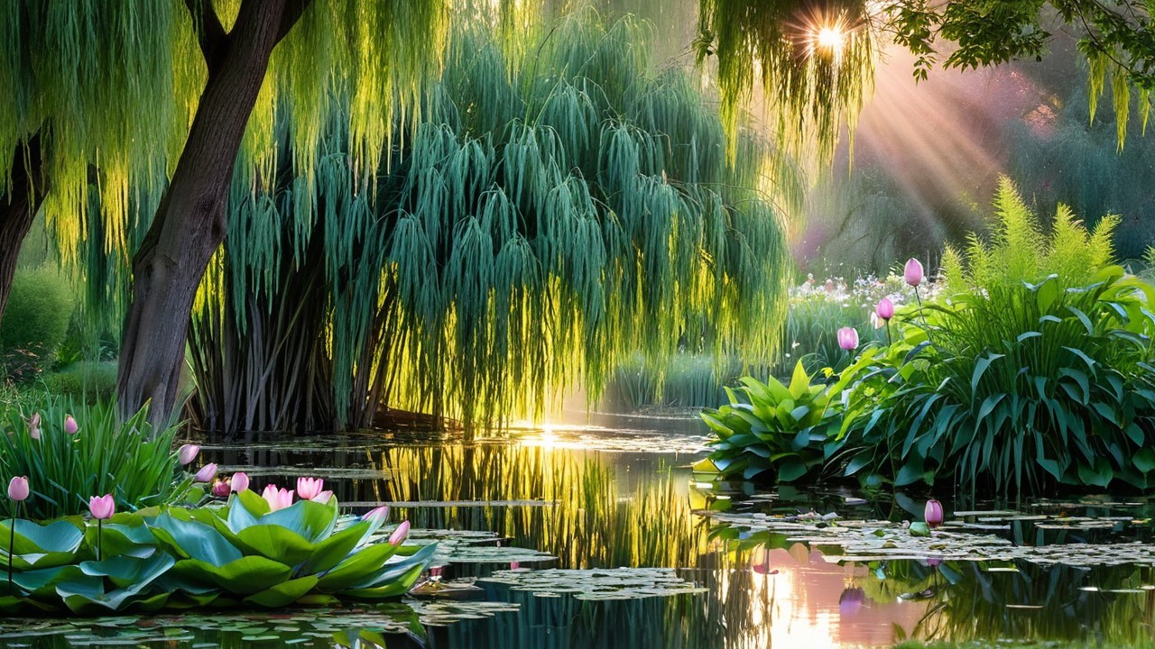 Vibrant Willows and Lotus Flowers by a Tranquil Pond
