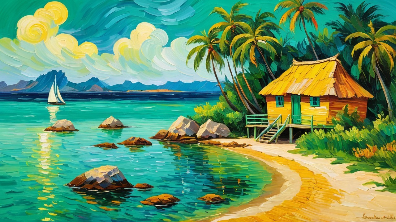 Vibrant Seaside Landscape with Yellow Cottage and Palm Trees