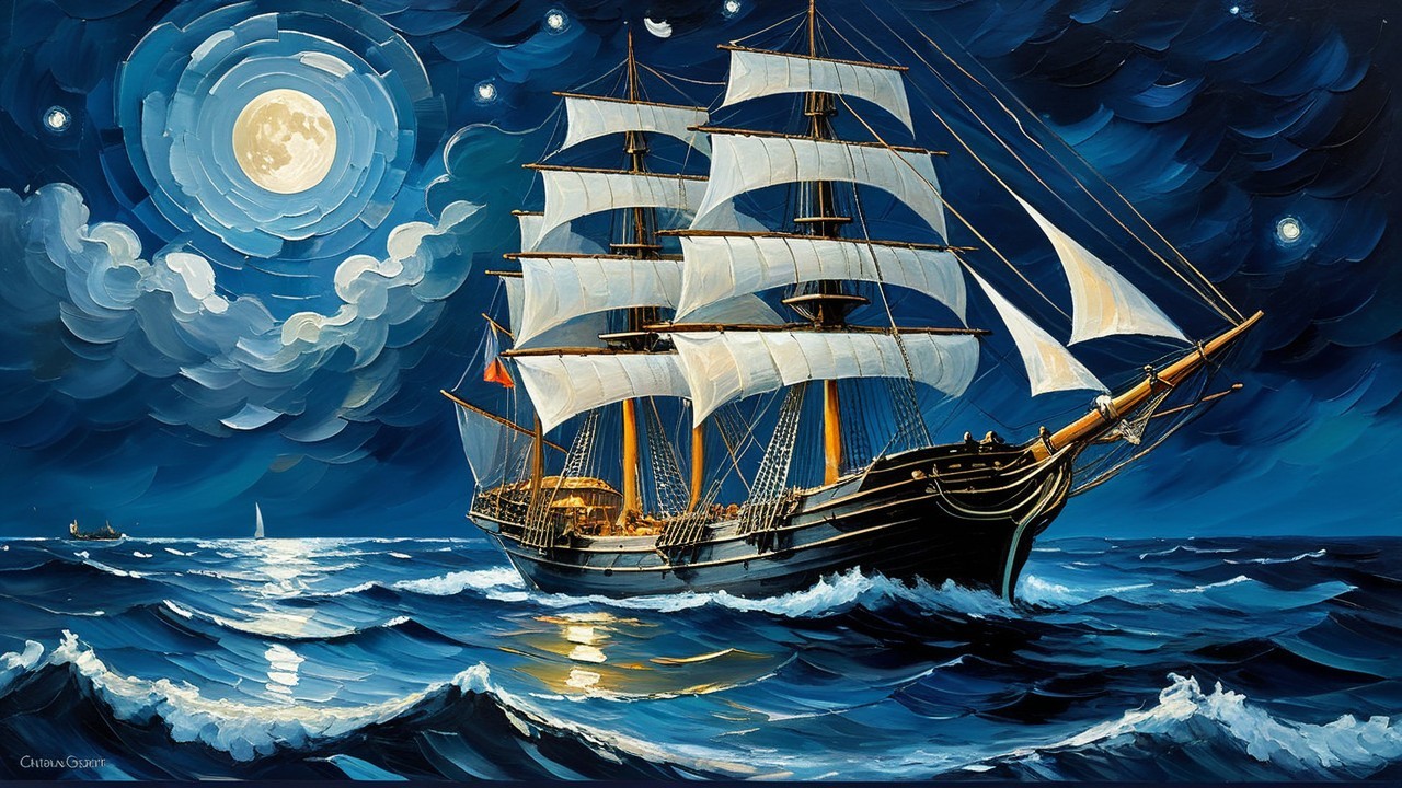 Three-Masted Sailing Ship on Moonlit Ocean Waves