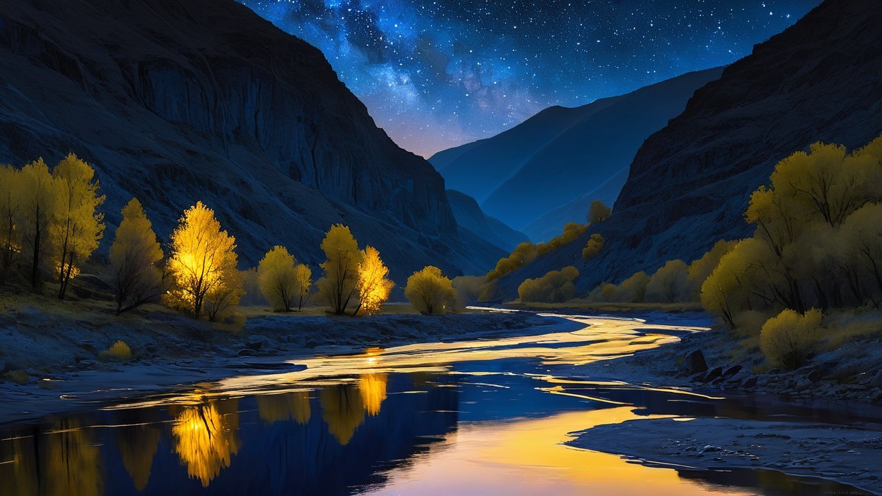 Serene River in Dramatic Valley with Autumn Trees