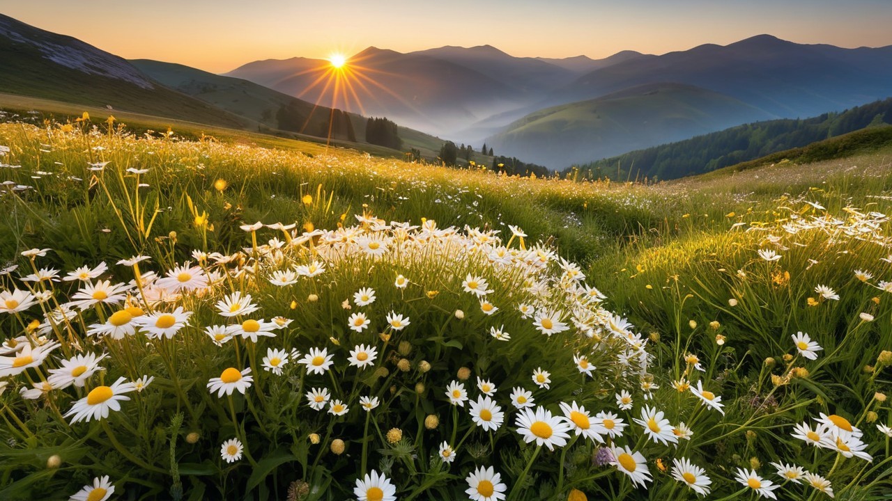Sunrise Landscape with Rolling Hills and Wildflowers