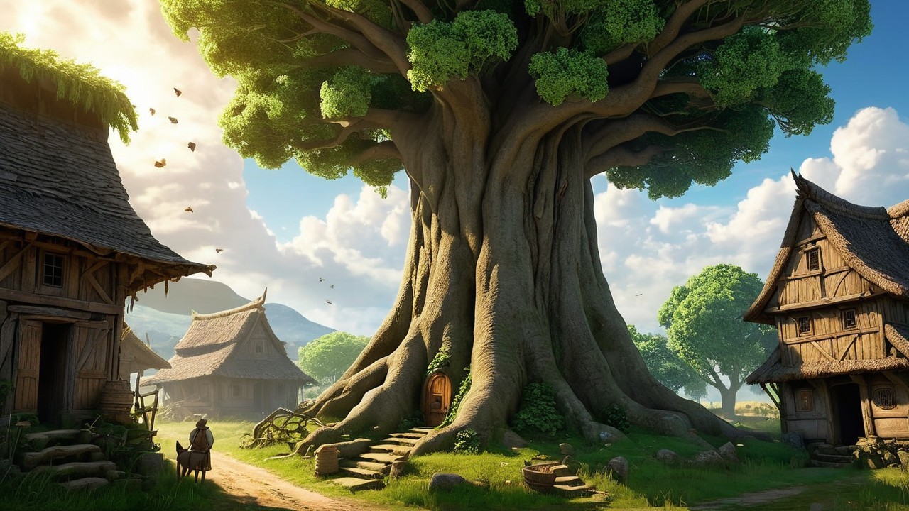Majestic Tree Surrounded by Quaint Village Cottages