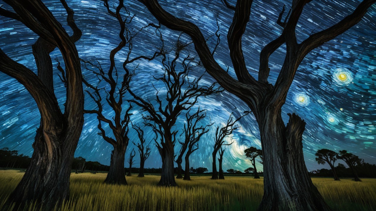 Dramatic Night Scene with Trees and Starry Sky