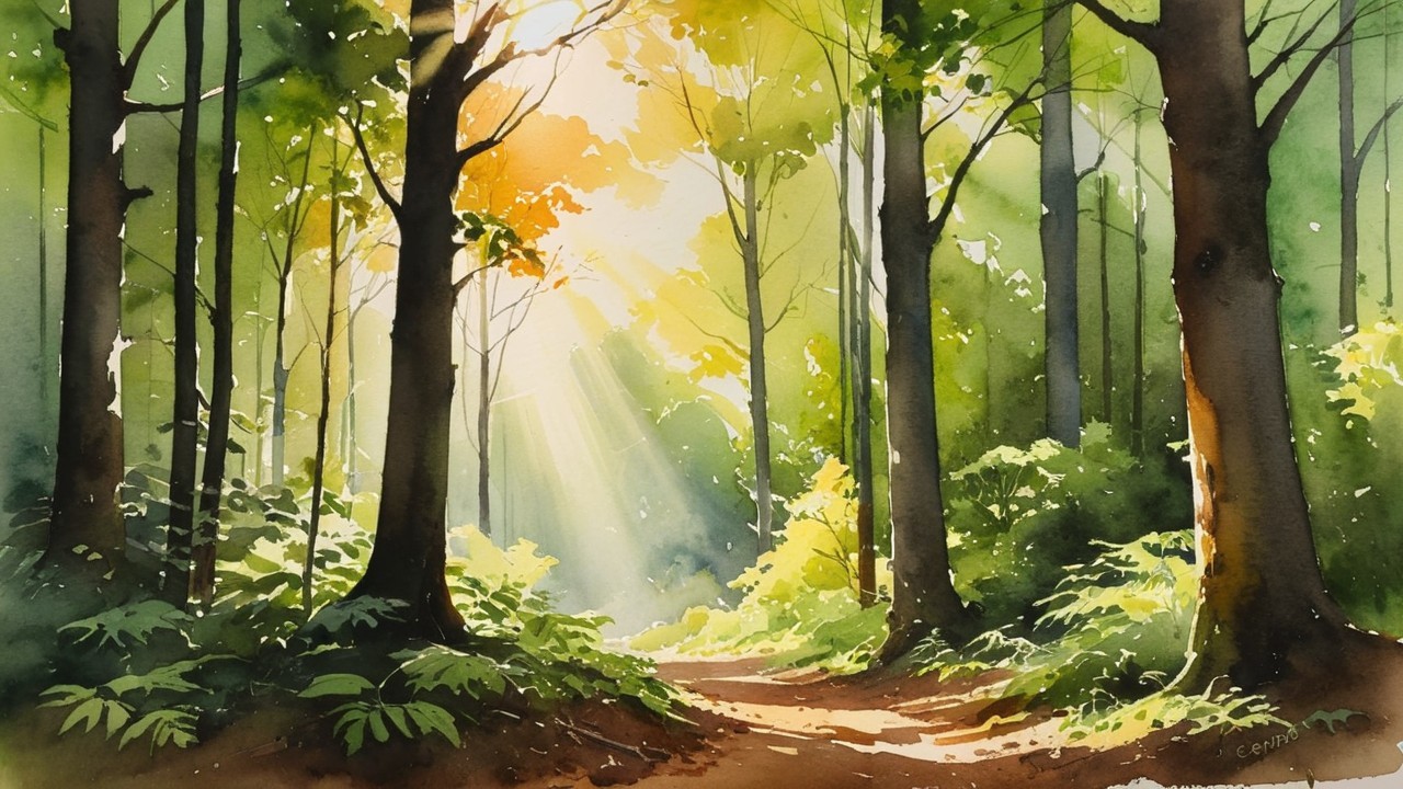 Serene Forest Scene with Sunlight and Gentle Shadows