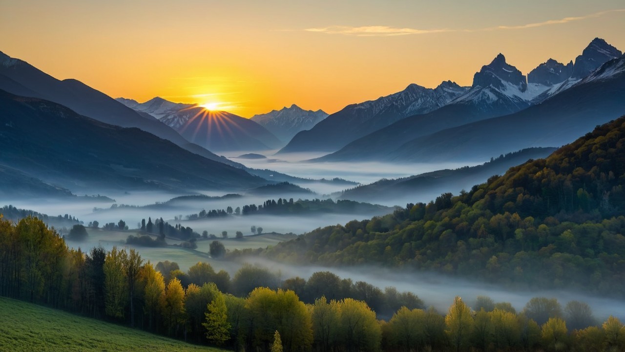 Sunrise Landscape with Mountains and Lush Greenery