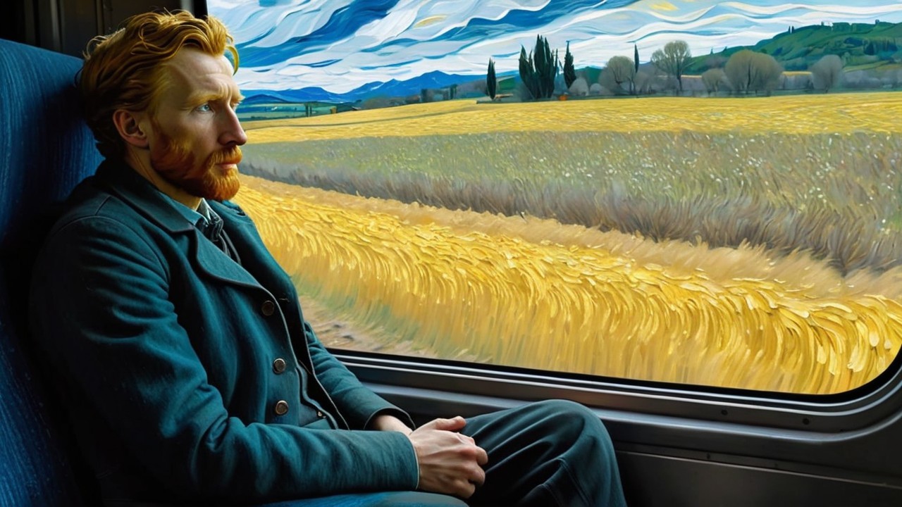 Man with Red Hair Contemplates Scenic Landscape by Train