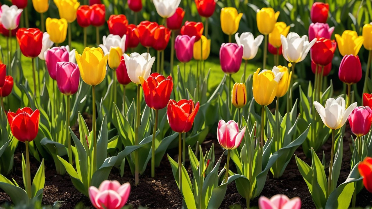 Vibrant Field of Colorful Tulips in Full Bloom
