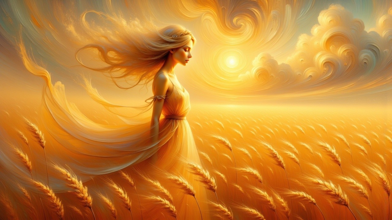 Ethereal Figure in Golden Wheat Field Under Sunlight