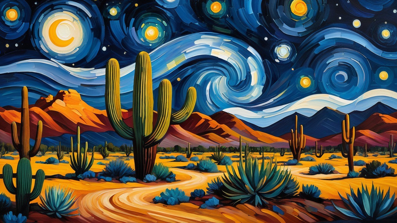 Vibrant Desert Landscape at Night with Starry Sky