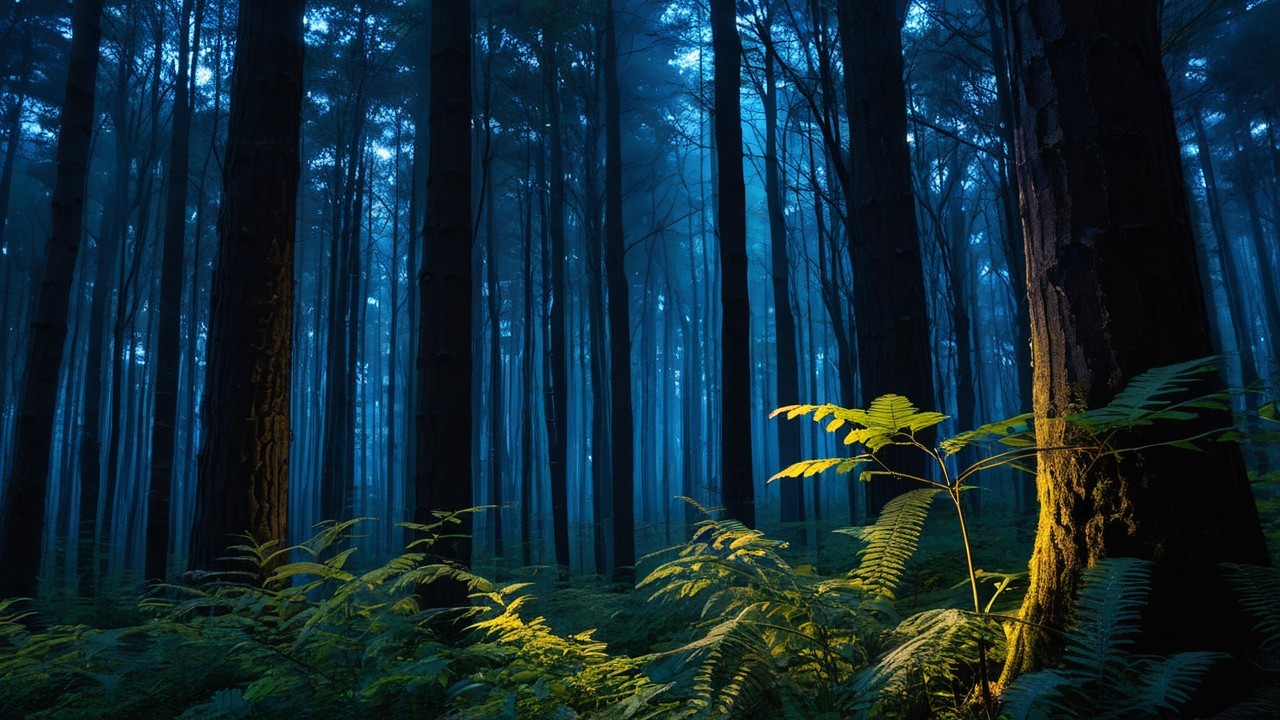 Twilight Forest Scene with Ethereal Atmosphere