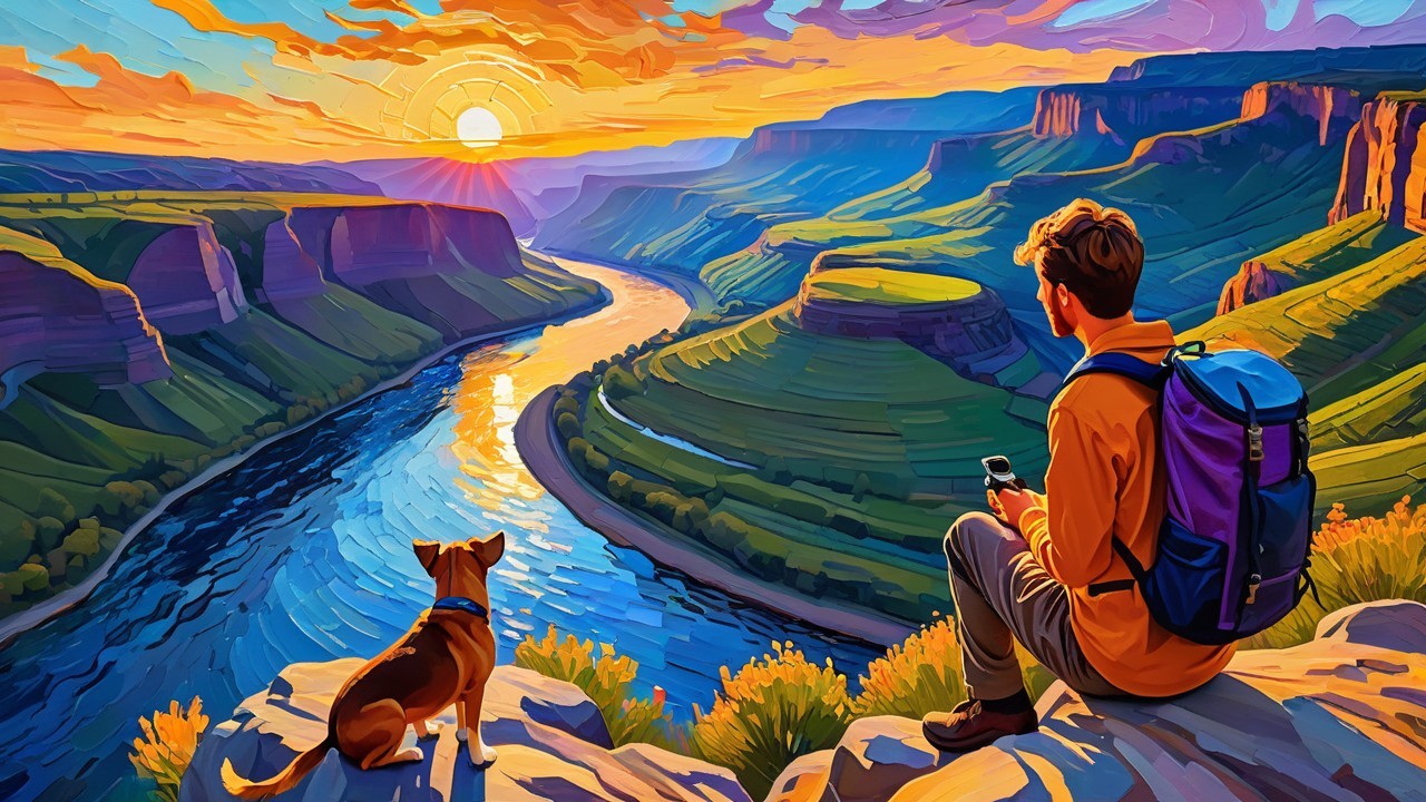 Vibrant sunset over canyon with man and dog