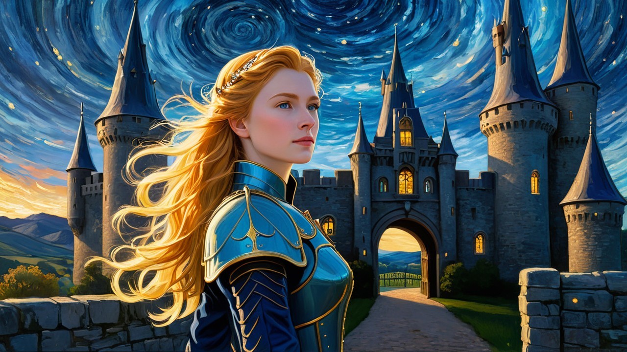 Regal Woman in Blue Armor Before Majestic Castle