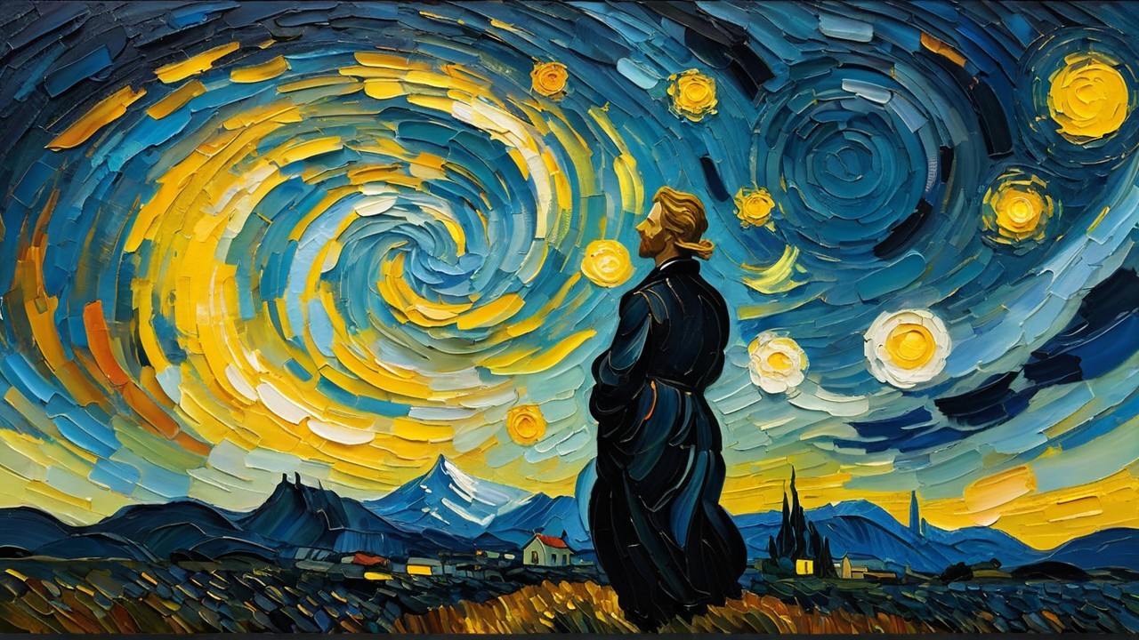 Vibrant Night Sky with Silhouetted Figure and Stars