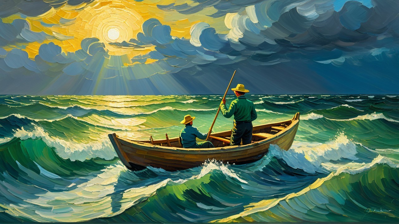Fishermen in a Boat on Choppy Ocean Waters