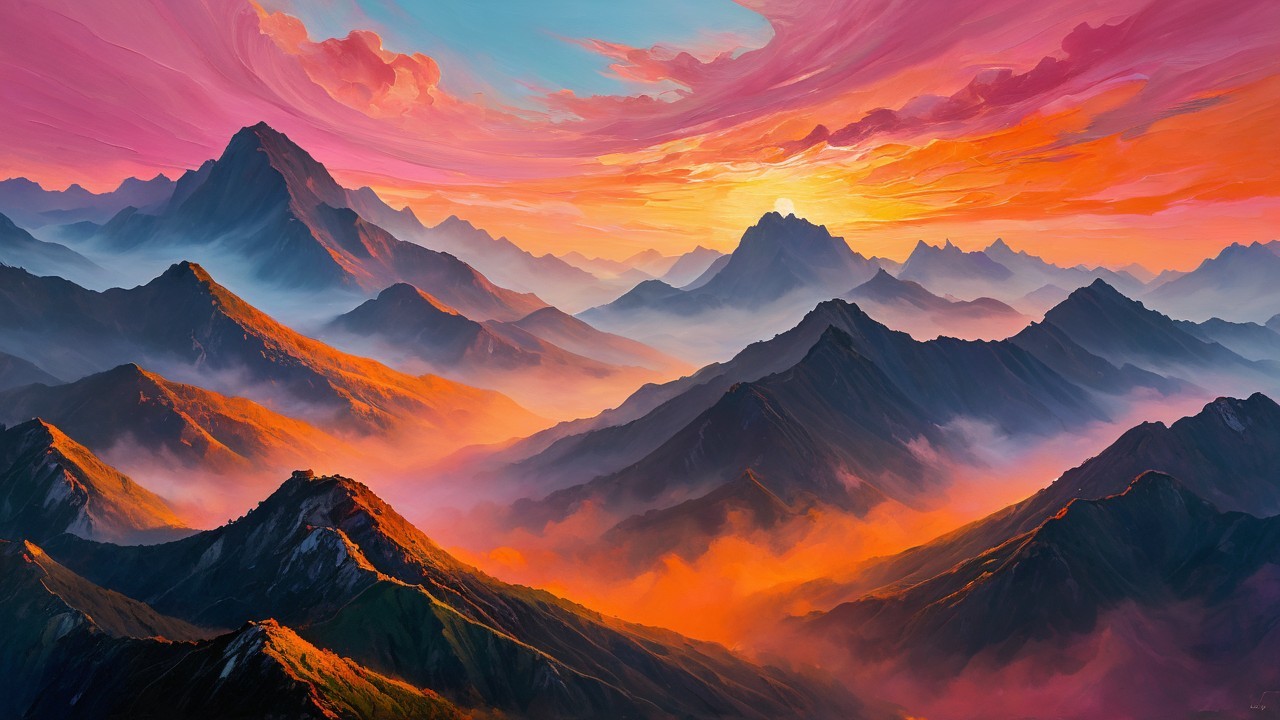 Majestic Mountain Landscape with Vibrant Sunset Sky