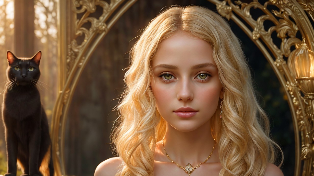 Elegant Woman with Blonde Hair and Black Cat Reflection